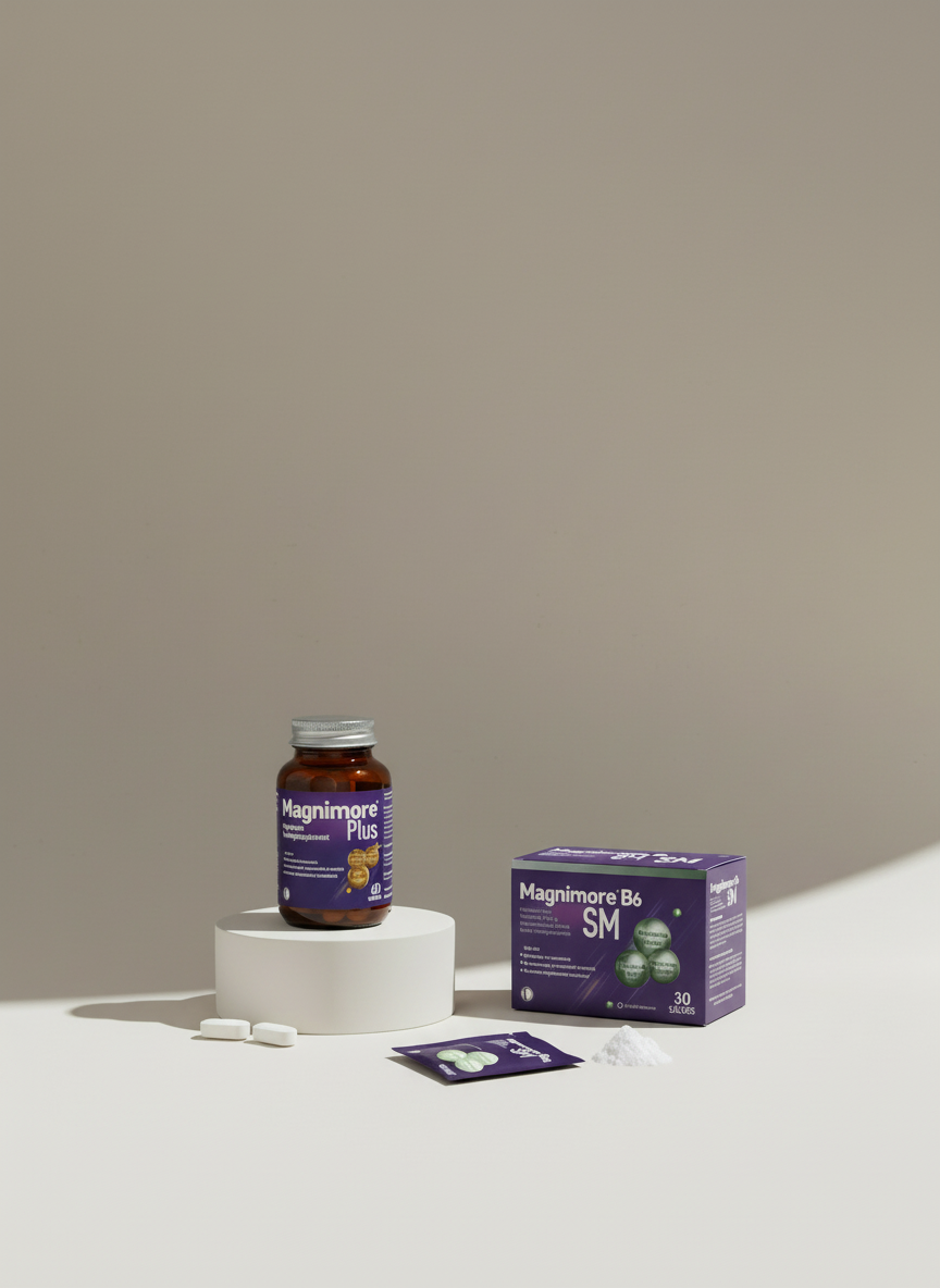 Magnimore Plus 60 bottle and Magnimore B6 SM sachet box displayed together with tablets and powder on a minimal white platform