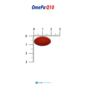 OmePa Q10 softgel shown with a ruler for size comparison