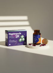 Magnimore B6 SM supplement box and B-Actief Complex bottle with purple capsules displayed on a white platform